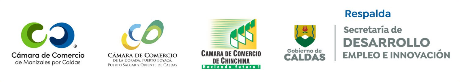 Cámara de Comercio de Manizales por Caldas, Cámara de Comercio de La Dorada, Puerto Boyacá, Puerto Salgar y Oriente de Caldas, Cámara de Comercio de Chinchiná. Respalda: Gobierno de Caldas, Secretaría de Desarrollo, Empleo e Innovación.
